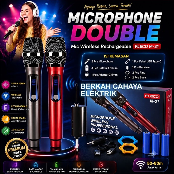 Fleco Mic Professional Wireless Microphone Double isi 2 Fleco M-31 Paket Lengkap Karaoke Fleco M-31