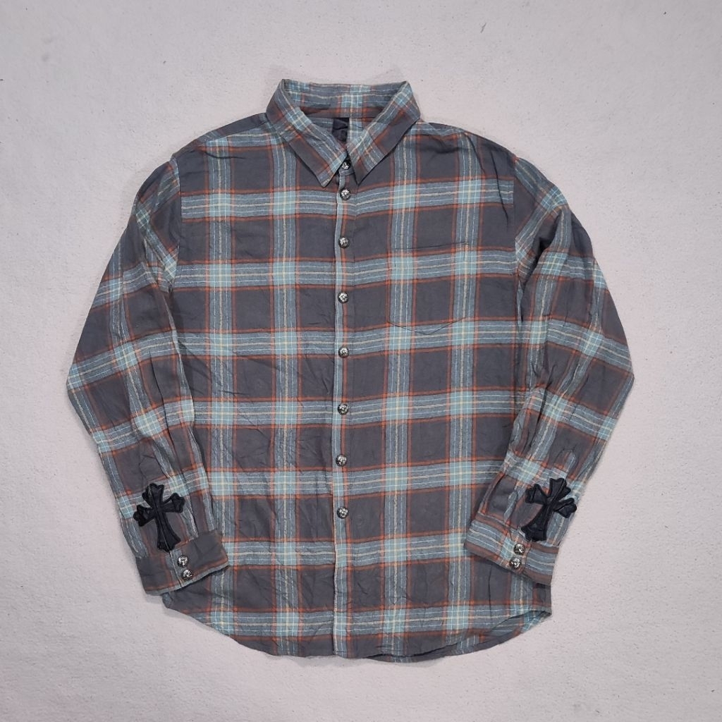 Chrome Hearts Cross Leather Patch Checked Plaid Flanel Shirt