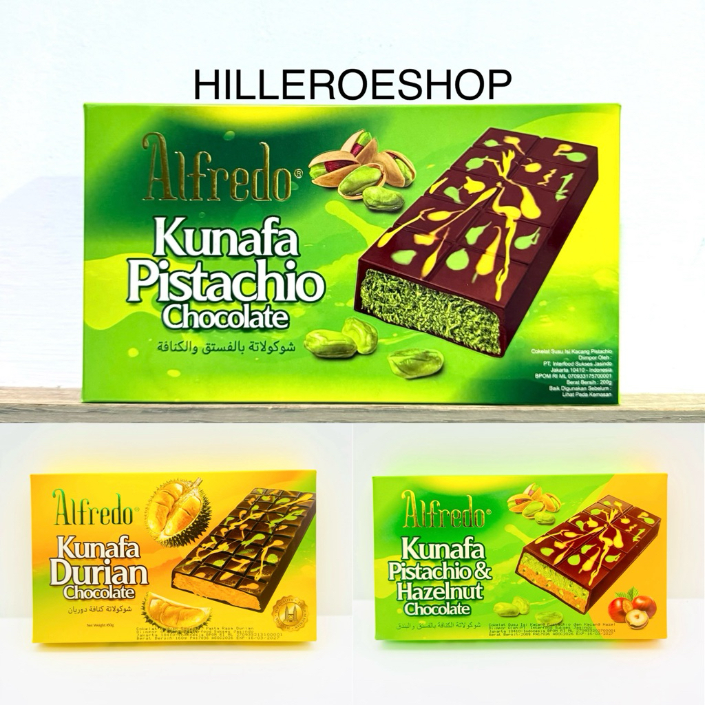 COKLAT ALFREDO KUNAFA PISTACHIO / DURIAN / HAZELNUT CHOCOLATE 200GR / 160GR COKELAT DUBAI 200GR KACA
