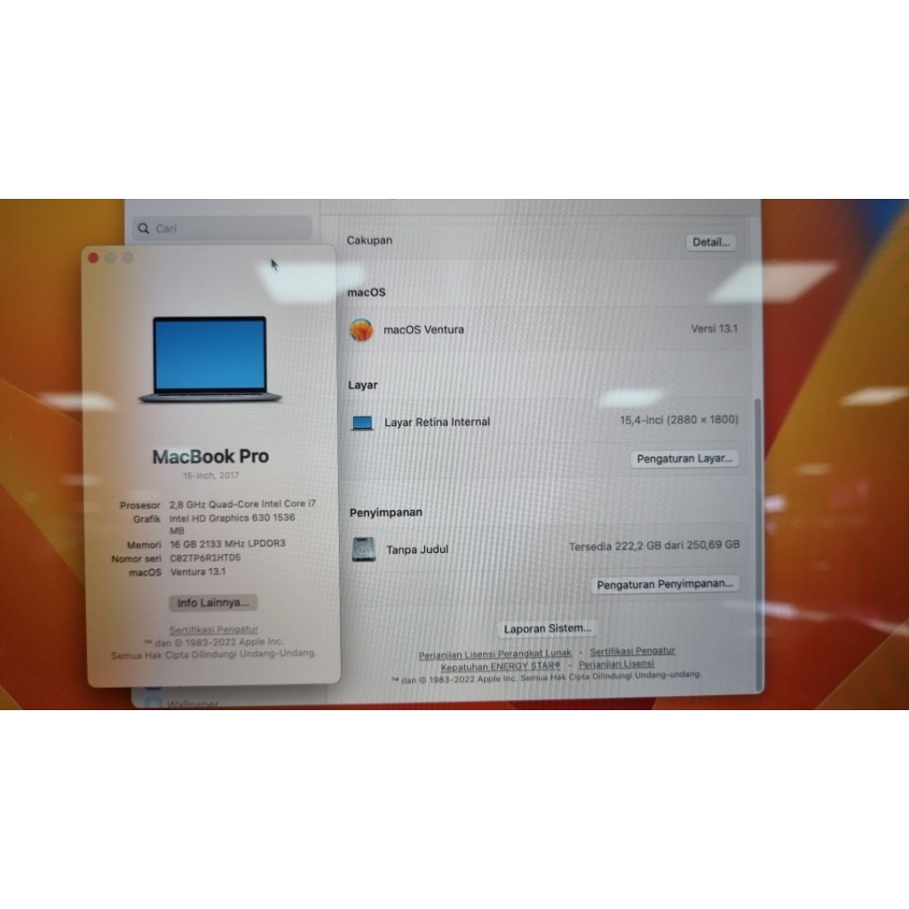 Logic Board Mesin MacBook Pro 15" 2017, Core i7, 16/256 Model A1707