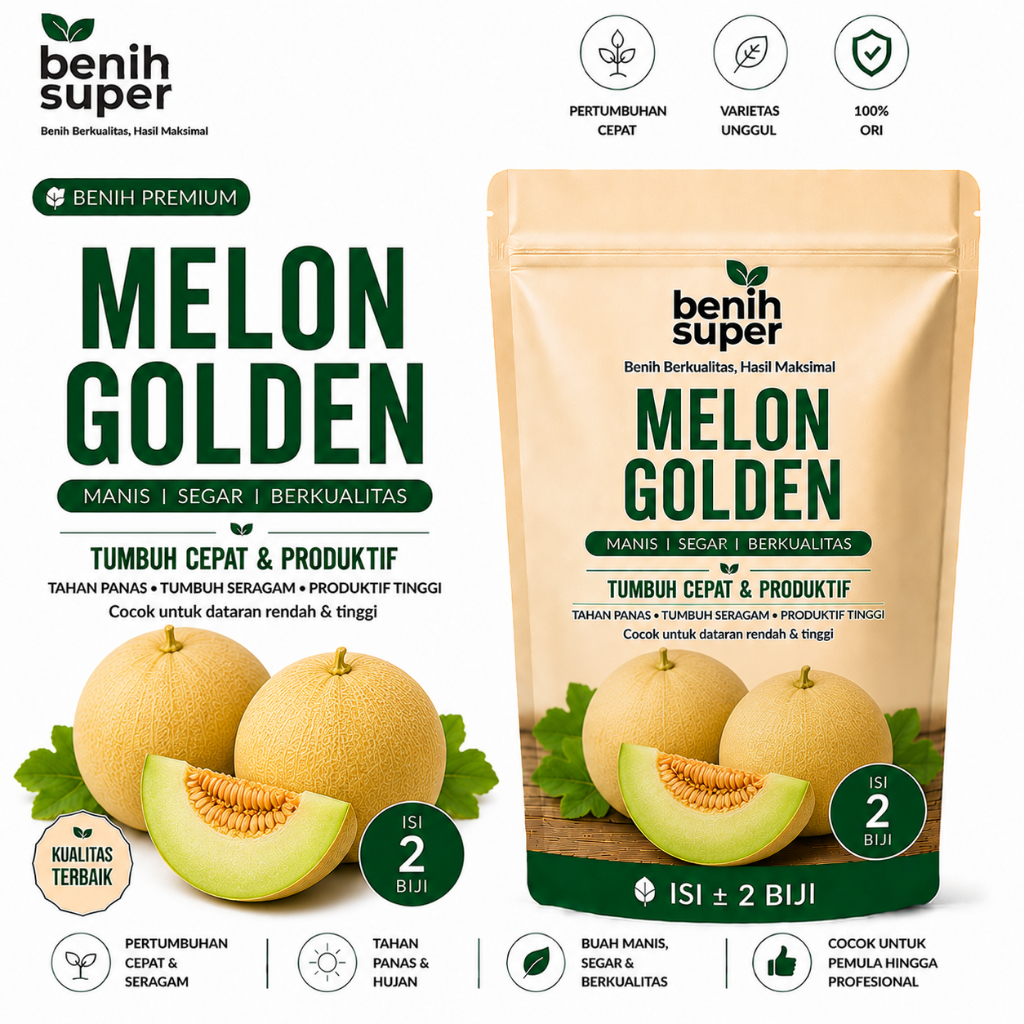Benih super 2 Biji - Benih Buah Melon golden Kuning  - Bibit Tanaman Buah Buahan Melon Golden