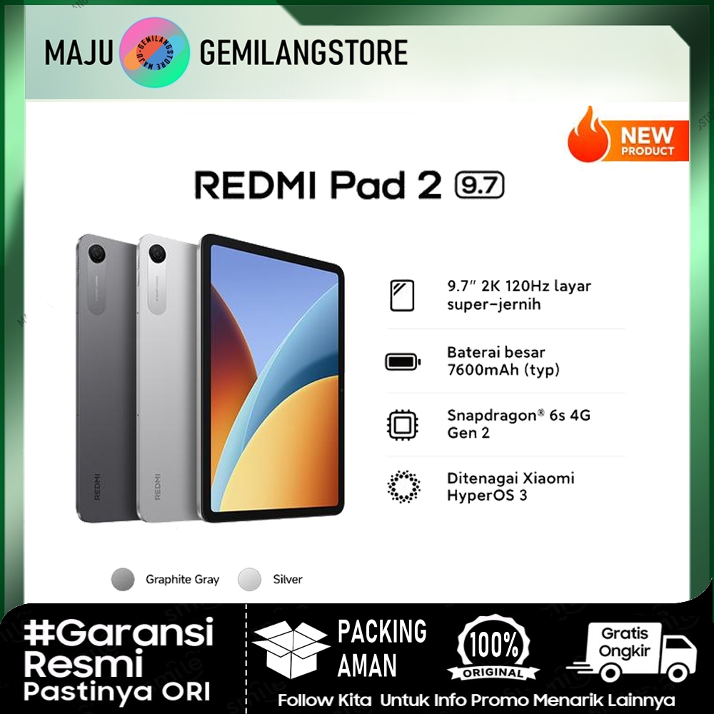 Xiaomi REDMI Pad 2 9.7 - LTE - 4G - RAM 4GB+64GB & 128GB | Tablet Layar 9,7"2K 120 Hz | Daya7600 mAh