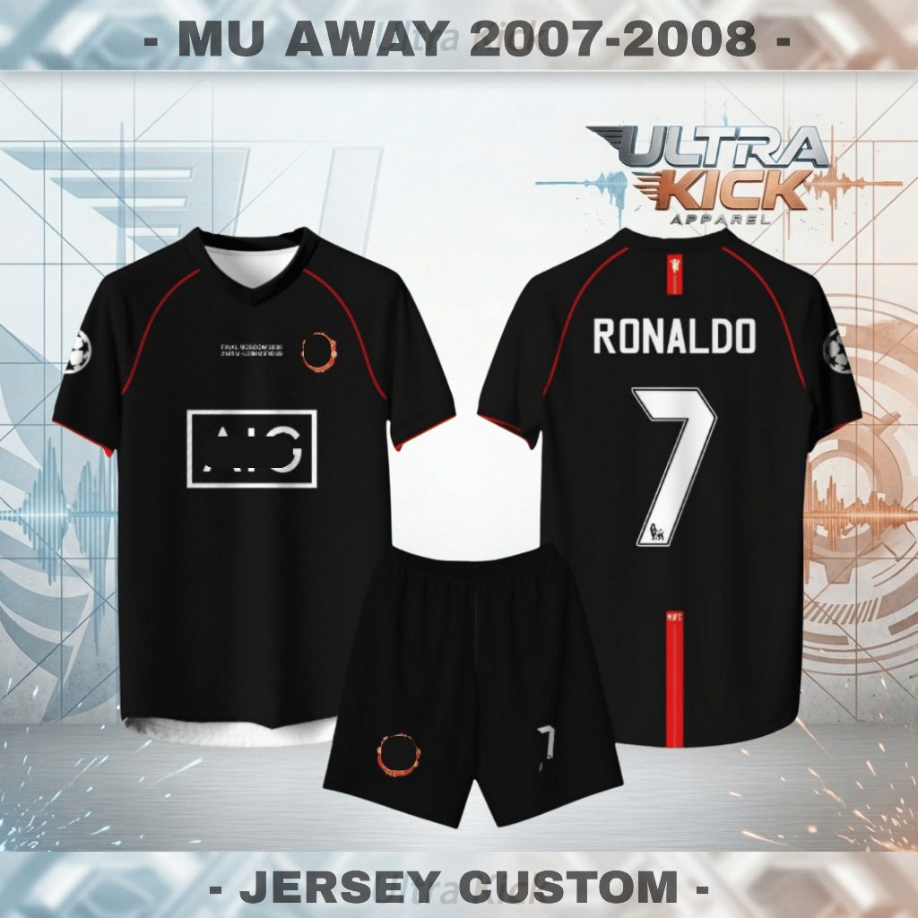 Jersey Sepak Bola Custom MU Away 2007-2008 Pendek Free Custom Nama, Nomor, Logo Dryfit Premium