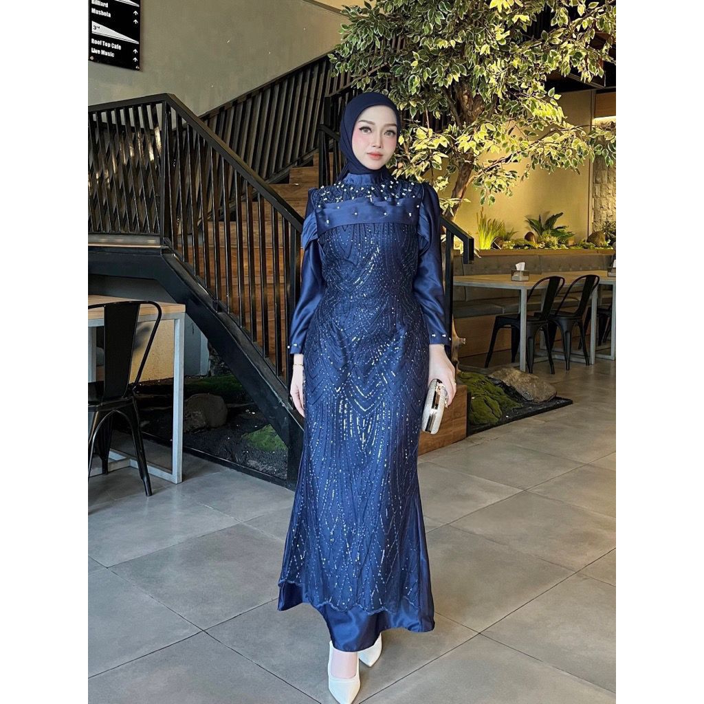 Dress Diandra Gamis Muslim Panjang Bahan Velvet Premium Mix Brukat akses Payet Muslim Simple Pesta M