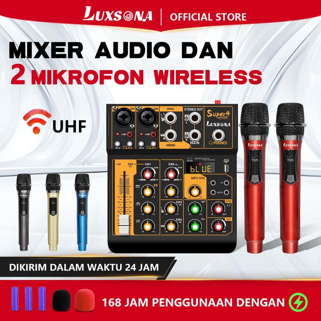 ready stok Mixer Audio 4 Channel Profesional + wireless microphone mini mixer penguat sinyal kartu s