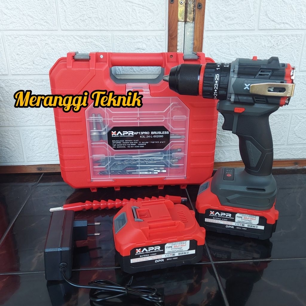 id6455 Mesin bor cordless APR AP13 PRO 13 mm 2 baterai 88 Vf brushless AP13PRO