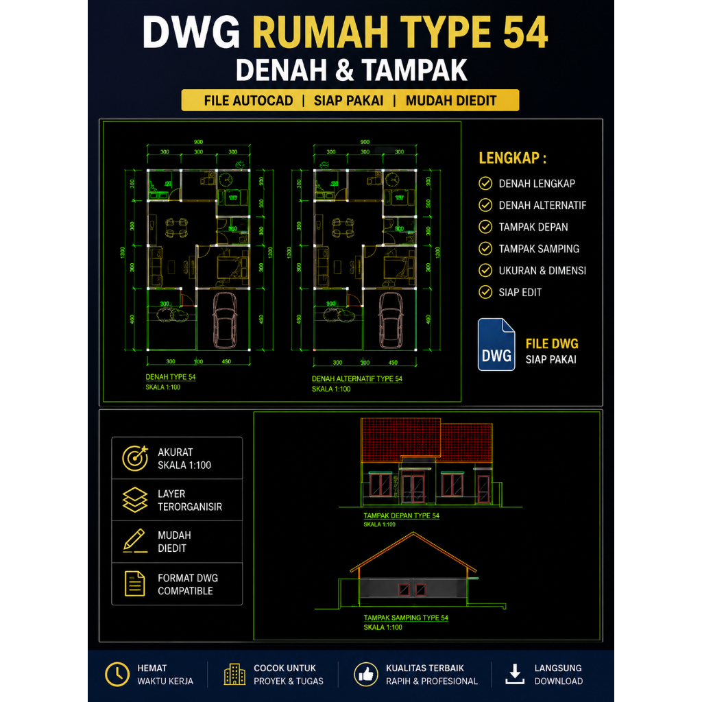 DWG Rumah Type 54 Lengkap | Denah Tampak Potongan | File AutoCAD Siap Pakai
