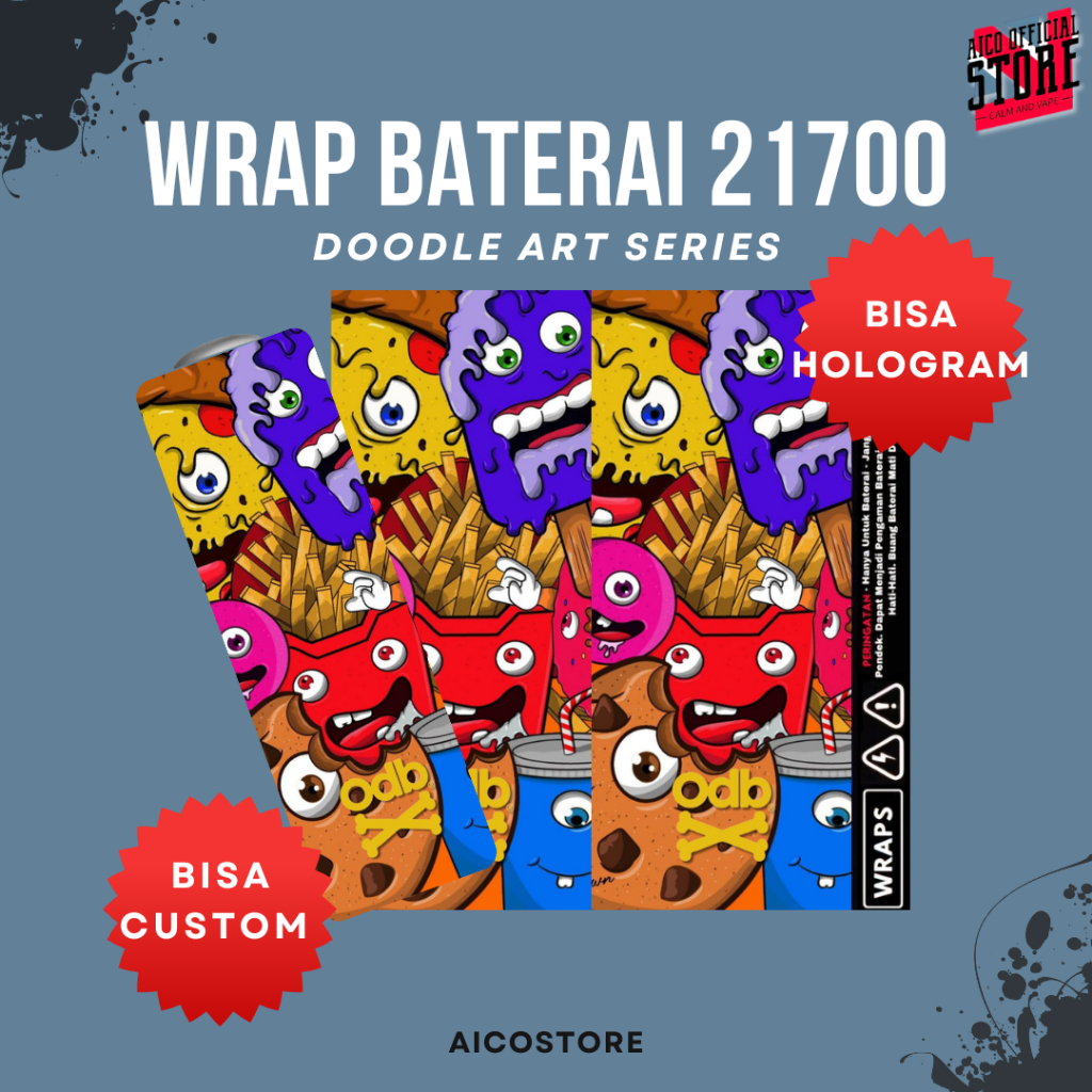 WRAP SERIES Stiker Wrap Baterai 21700 Motif Doodle Art Series Premium Vinyl Anti Air | Skin Pelindun