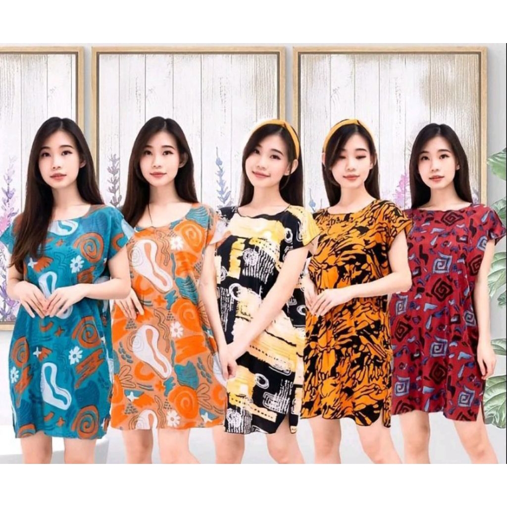 (Smart)Dastar wanita Midi Motif Rendom Dress Bahan Rayon Pendek