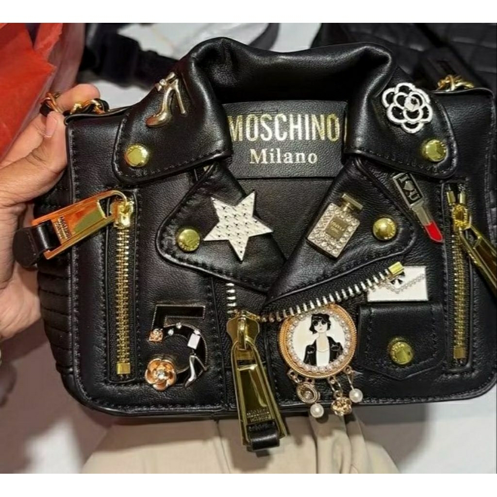 LINK CO MOSCHINO0 BIKER LEATHER BAG TAS SLING KULIT ITALY