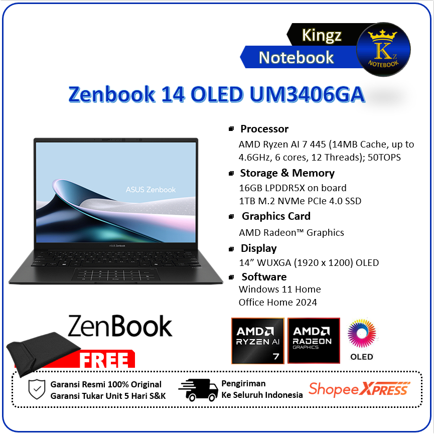 ASUS Zenbook OLED 14 UM3406GA Ryzen AI 7 445 16GB 1TB SSD Win11+Office 2024 14"WUXGA