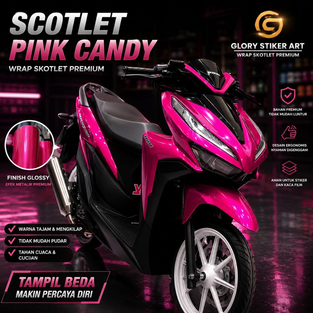 Skotlet Pink Candy Motor Mobil Glossy Metalik Premium Stiker Skotlite 45cm x 50cm Vinyl Wrapping Bod