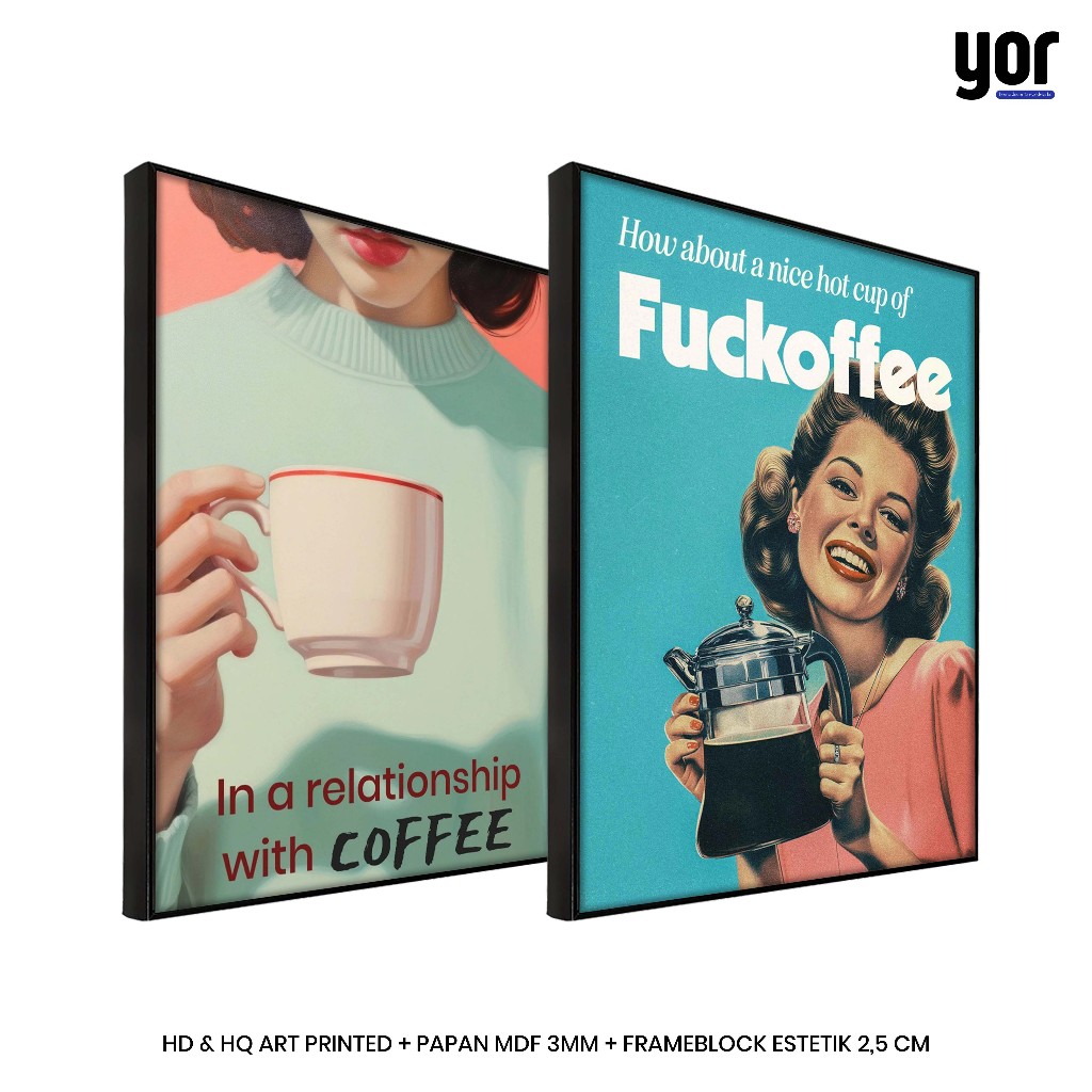 Poster Wanita Minum Kopi Estetik Vintage Bingkai Frameblock Minimalis