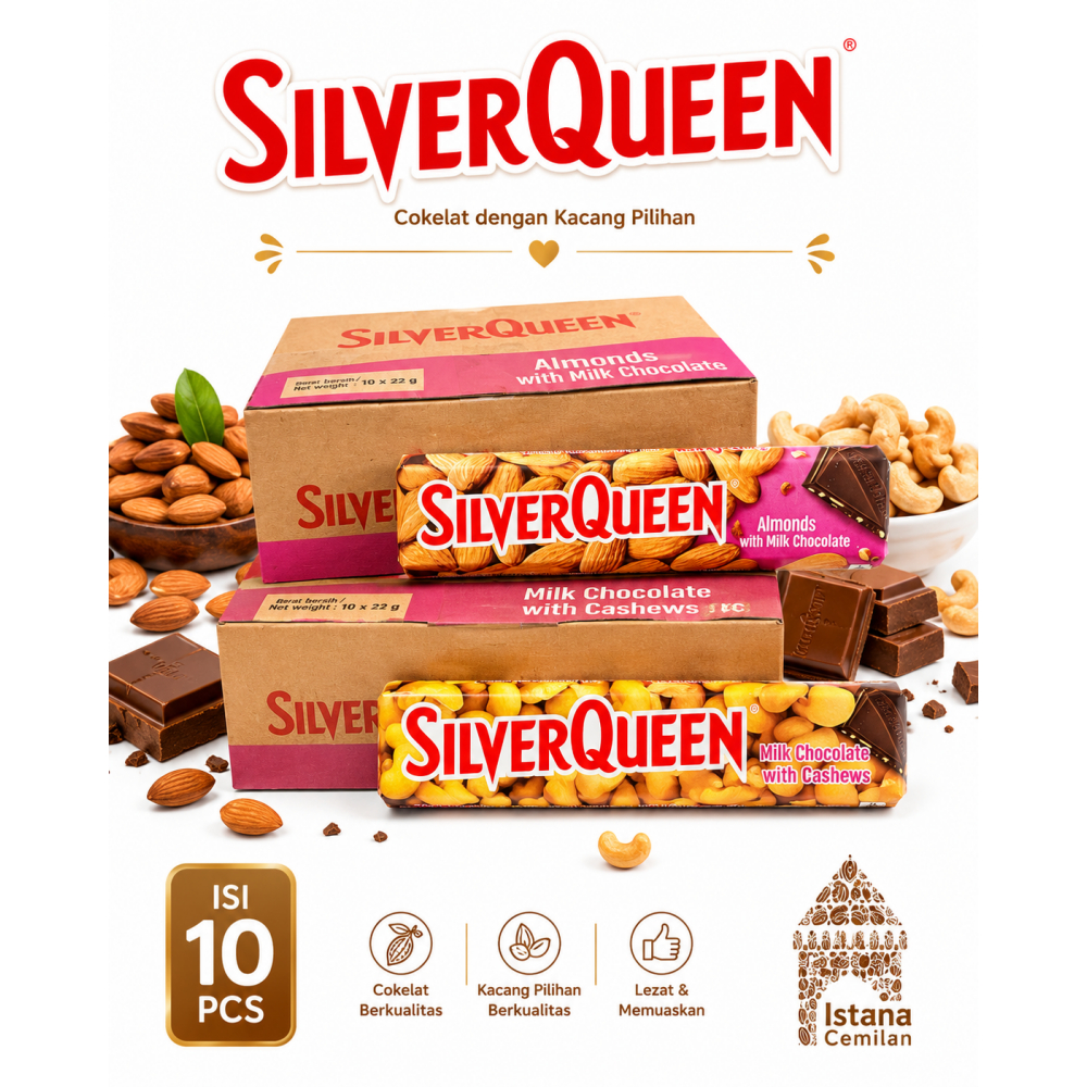 Coklat SilverQueen / Cokelat Silver Queen 1 Box Isi 10 Batang Cashew / Almond 22 Gram