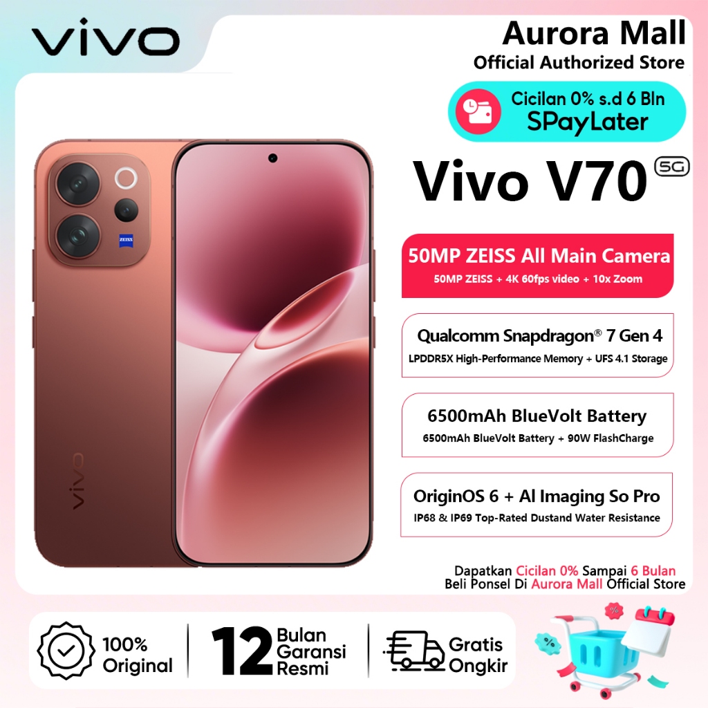 Vivo V70 5G 12/256GB NFC (12GB+12GB Extended RAM) Handphone Official Store HP Terbaru 2026 Ori COD