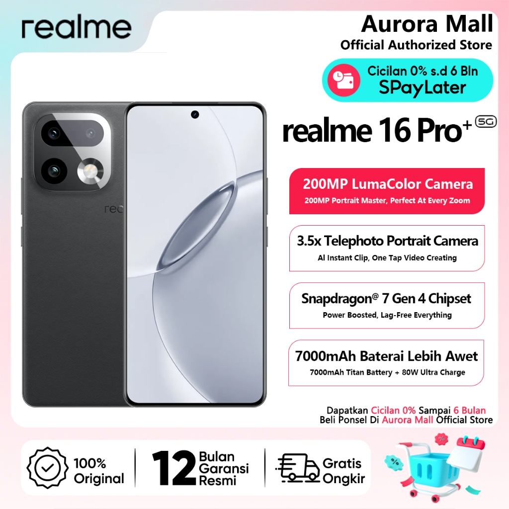 Hp realme 16 Pro+ 5G 12/512GB RAM 12GB+14GB Extended Garansi Resmi Android Handphone Terbaru 2026