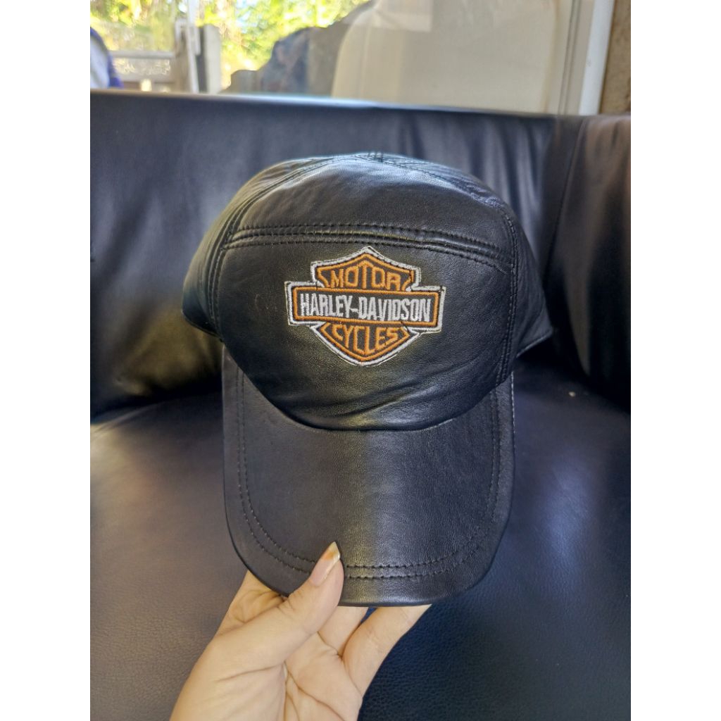 topi kulit domba asli topi kulit pria bordir logo h4rley