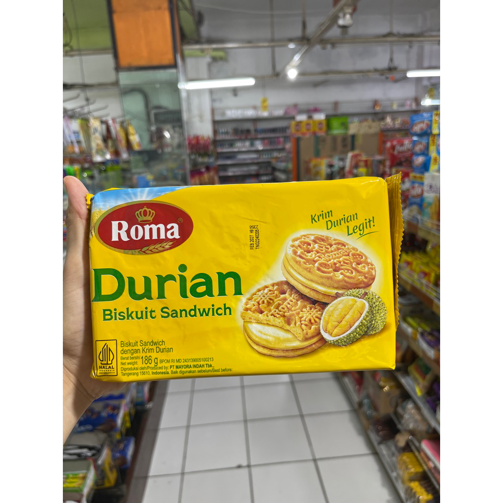 Roma biskuit cream durian 186g - roma biskuit sandwich durian - roma biskuit durian