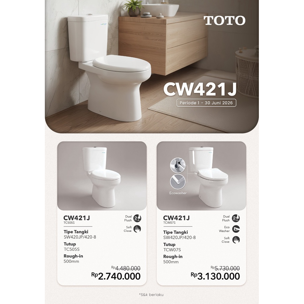 TOTO CLOSET DUDUK CW421J / CW 421 J / SW420JP / SW 420 JP + TUTUP ECOWASSER TCW07S