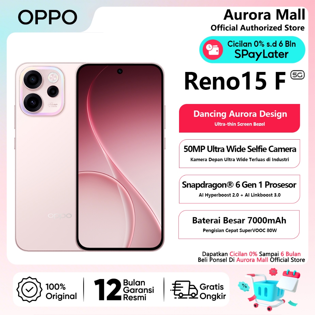 OPPO Reno15 F 5G 12/256GB (12GB+12GB Extended RAM) NFC Handphone Official Store HP Terbaru 2026 Ori