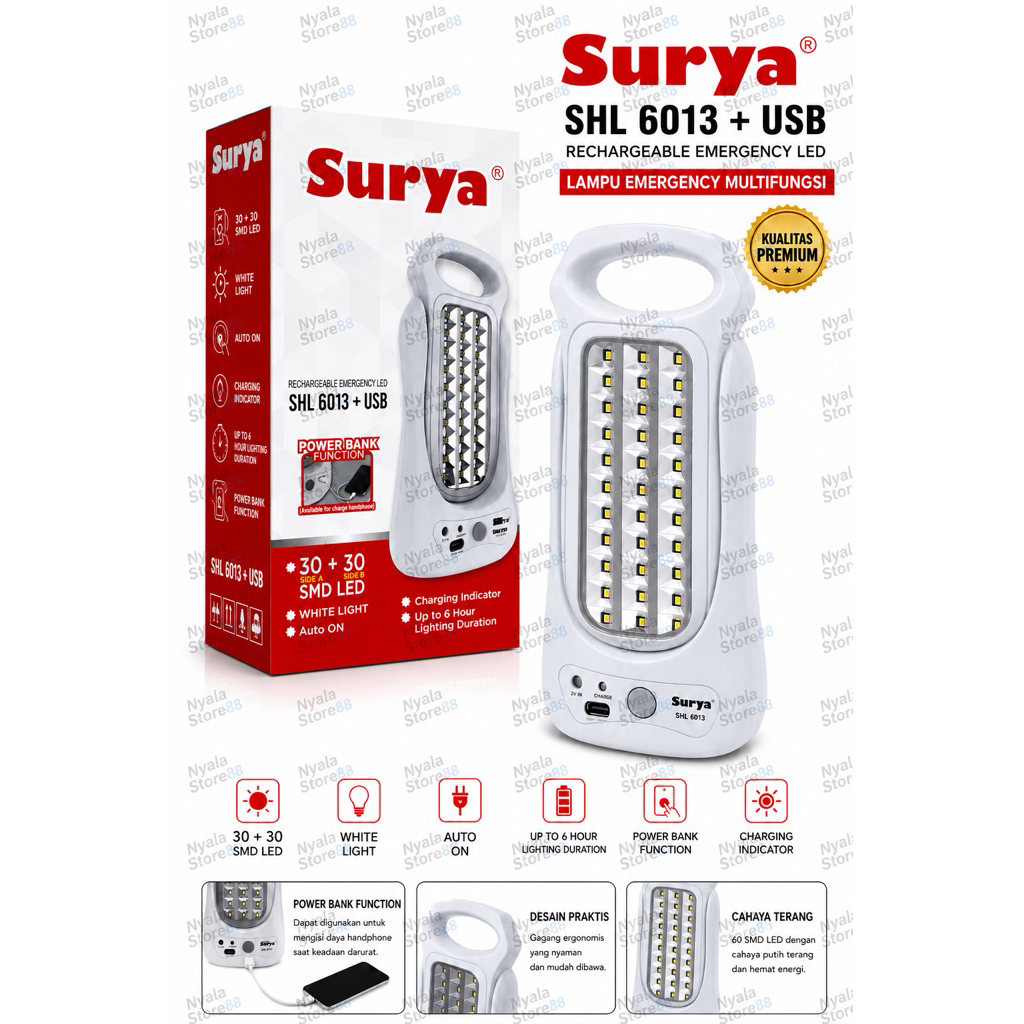 Lampu Emergency Surya SHL 6013 USB Rechargeable LED 60 SMD Power Bank Multifungsi Lampu Darurat Cas 