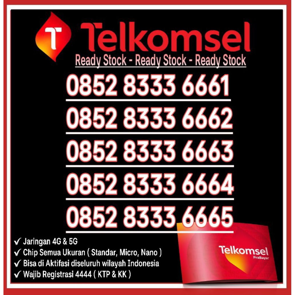 Nomor Cantik Telkomsel Simpati AS 4G LTE O852 8333 6661 6662 6663 6664 6665