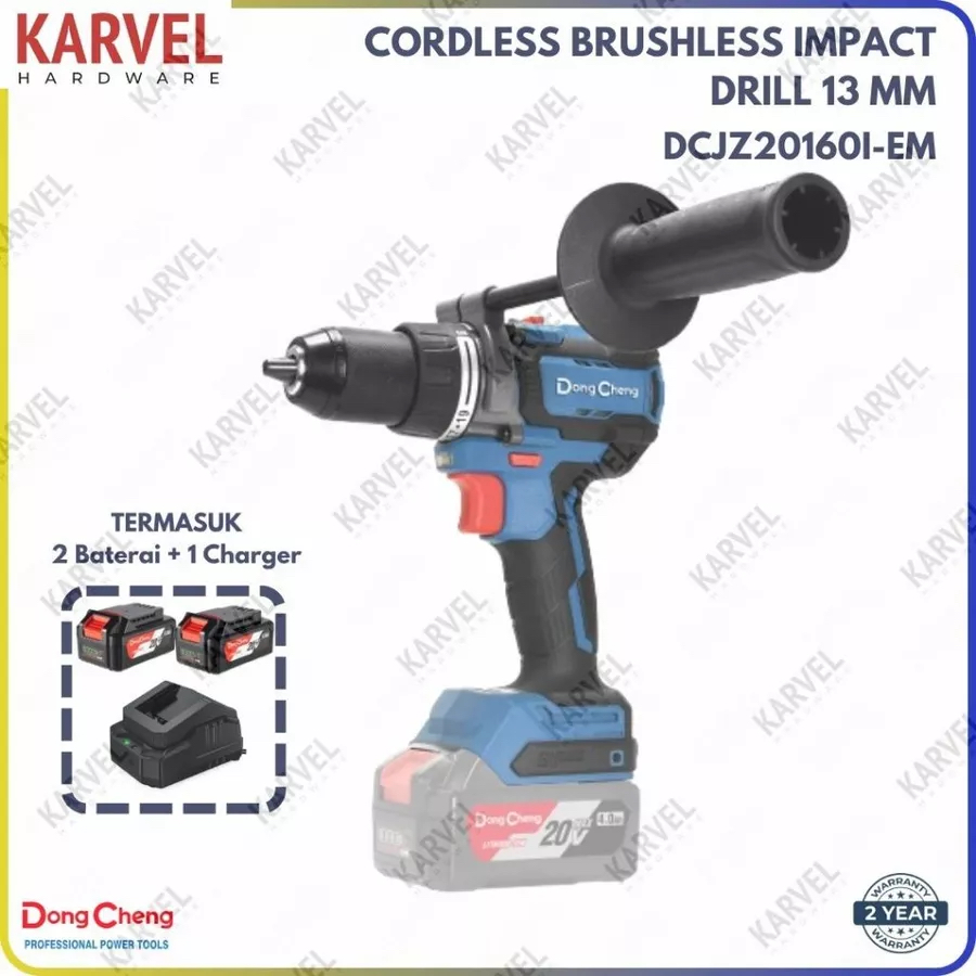 DONGCHENG DCJZ20160i EM CORDLESS BRUSHLESS DRIVER/HAMMER DRILL 13 MM, 160 N-M, 20 V, 40ah x 2, charg