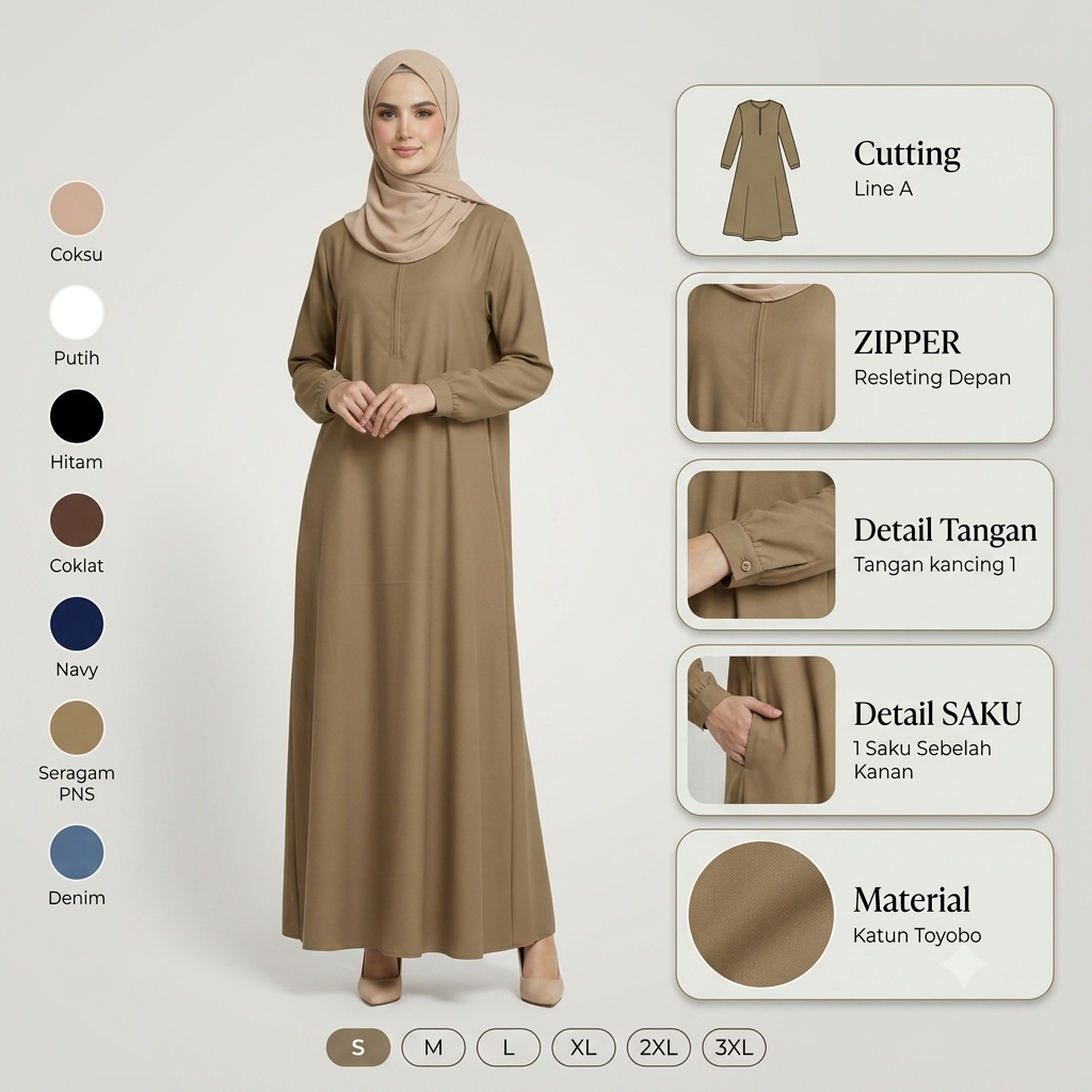Gamis Seragam PNS Pemda Khaki Wanita Bahan Toyobo Premium - Baju Dinas ASN Abaya Manset Busui Friend
