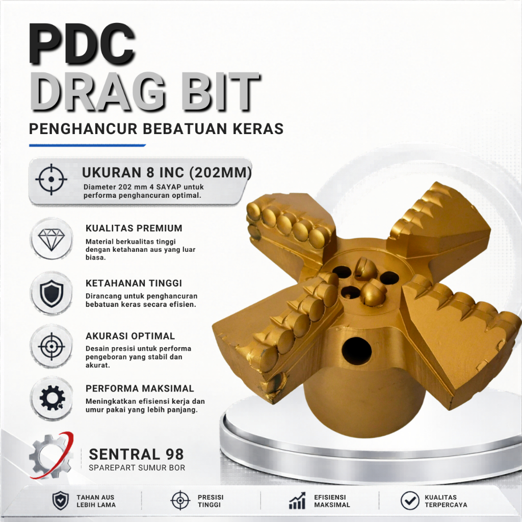 Mata bor sumur tembus batuan 8inc/mata bor sumur/mata bor pdc 8inc