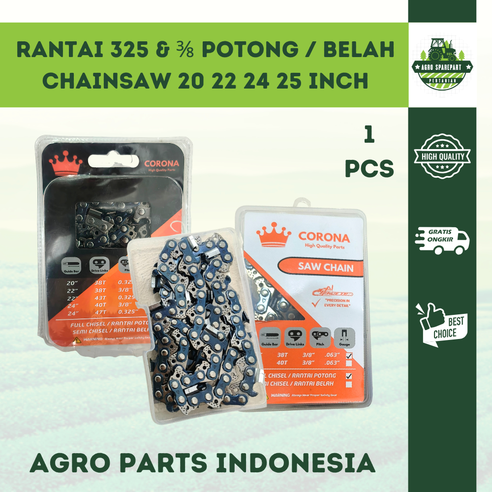 Rantai 325 3/8 Potong Belah Bar 20 22 24 Inch Senso Chainsaw 38 40 43 47T Mata Gergaji Kecil 5200 58