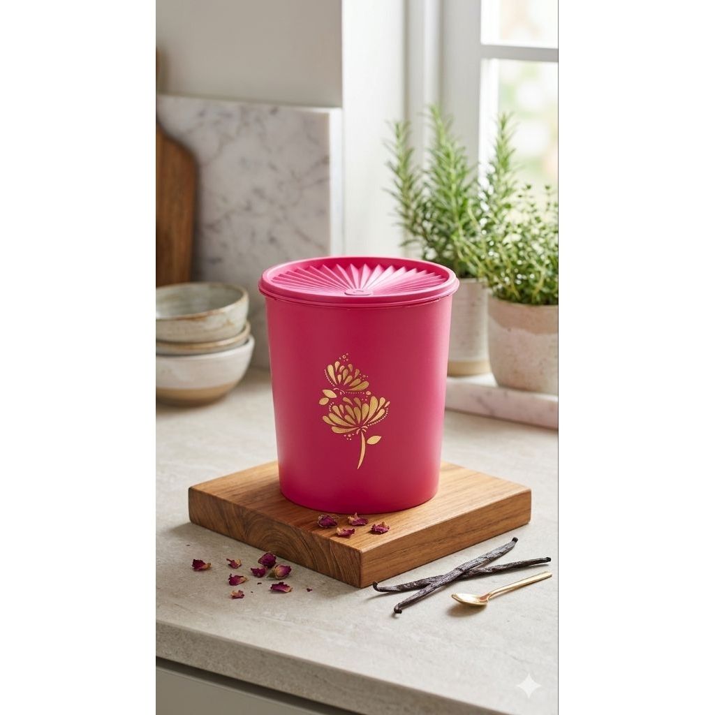Tupperware Lotus Deco Canister Pink - Motif Gold - 2,2 L - toples deco lotus tupperware new @S