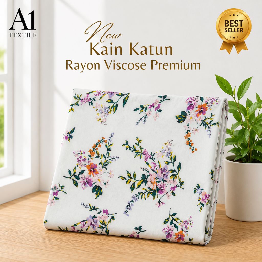 Kain Katun Rayon Viscose Premium - Kain Motif Bunga Sakura Putih Pastel Premium - Kain Katun Floral 