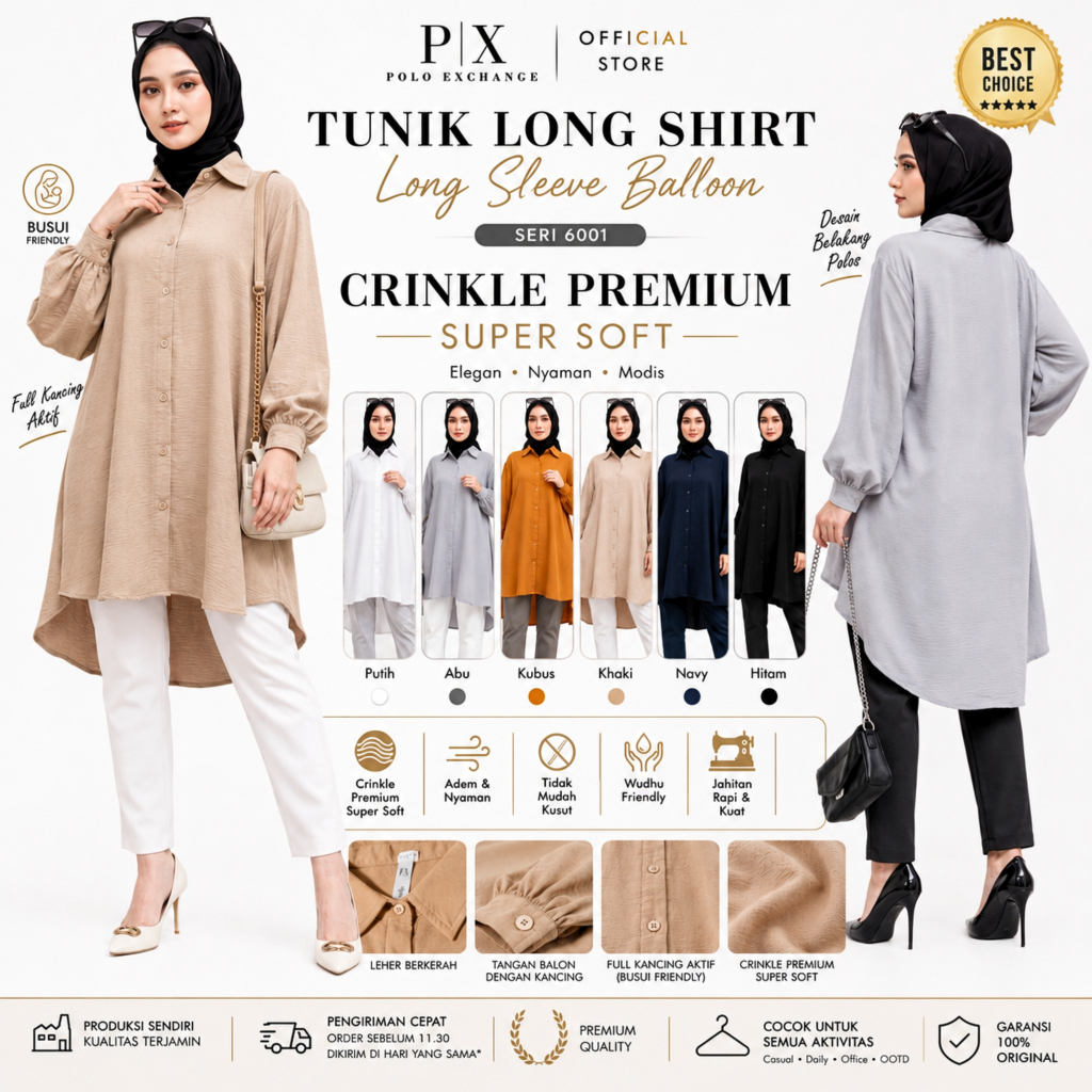 Baju Atasan Wanita Muslim Tunik Mirah Panjang Busui Crinkle Premium OOTD Polo Exchange Polos Hitam