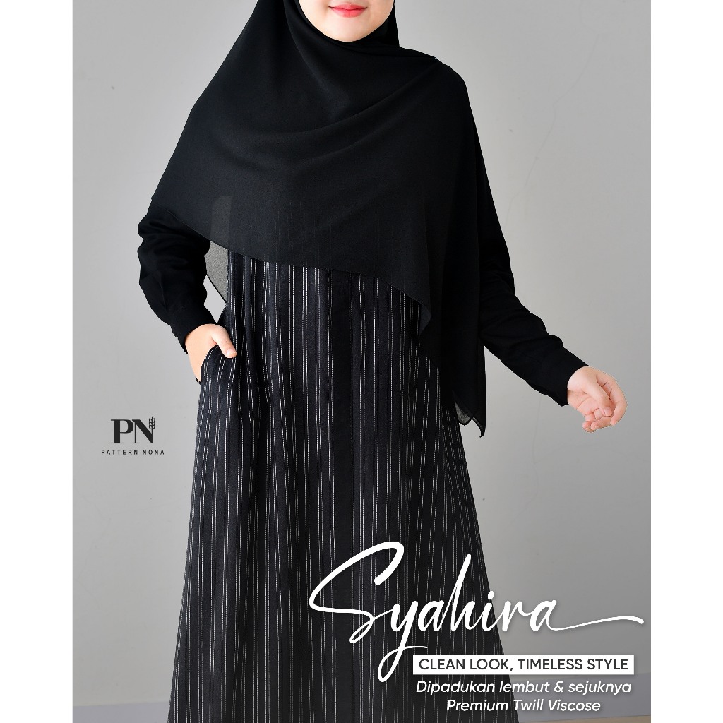Pattern Nona Dress Syahira Black Gamis Wanita Twill Viscose Premium Lembut Adem Flowy