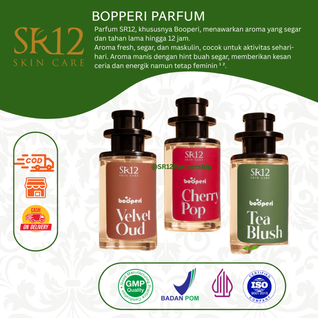 Parfum bopperi  Parfum boopery sr12 Cherry pop, Velvet Oud, Tea Blush, aroma wangi tahan lama, elega