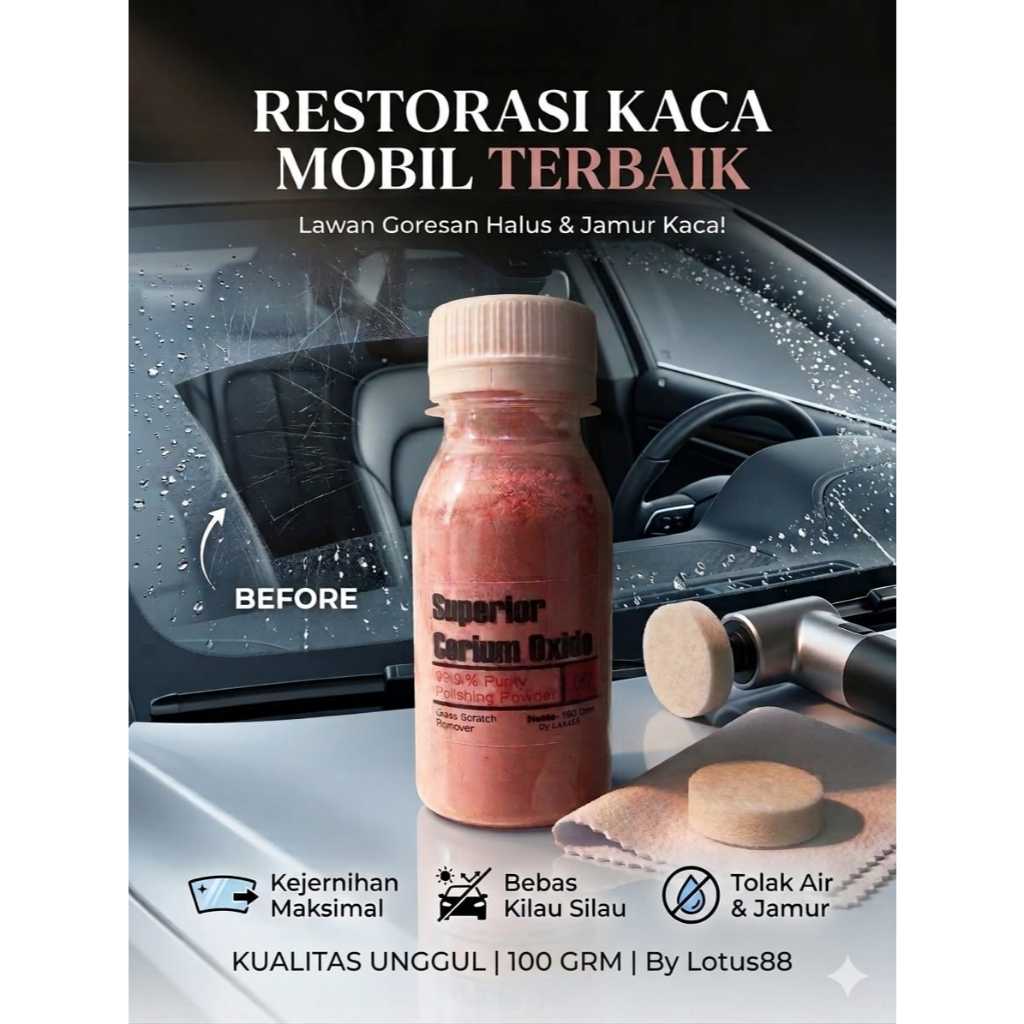 CERIUM OXIDE MERAH Serbuk Poles Kaca Menghilangkan Jamur Baret 100gr