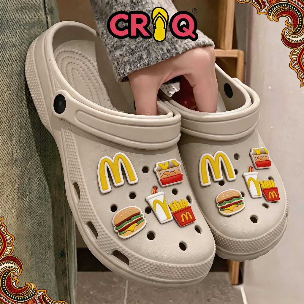 CRIQ-Sandal Crocs Slip On Motif McDonald Fast Food Jibbitz, Sandal Slip On Wanita Pria Empuk Anti Sl