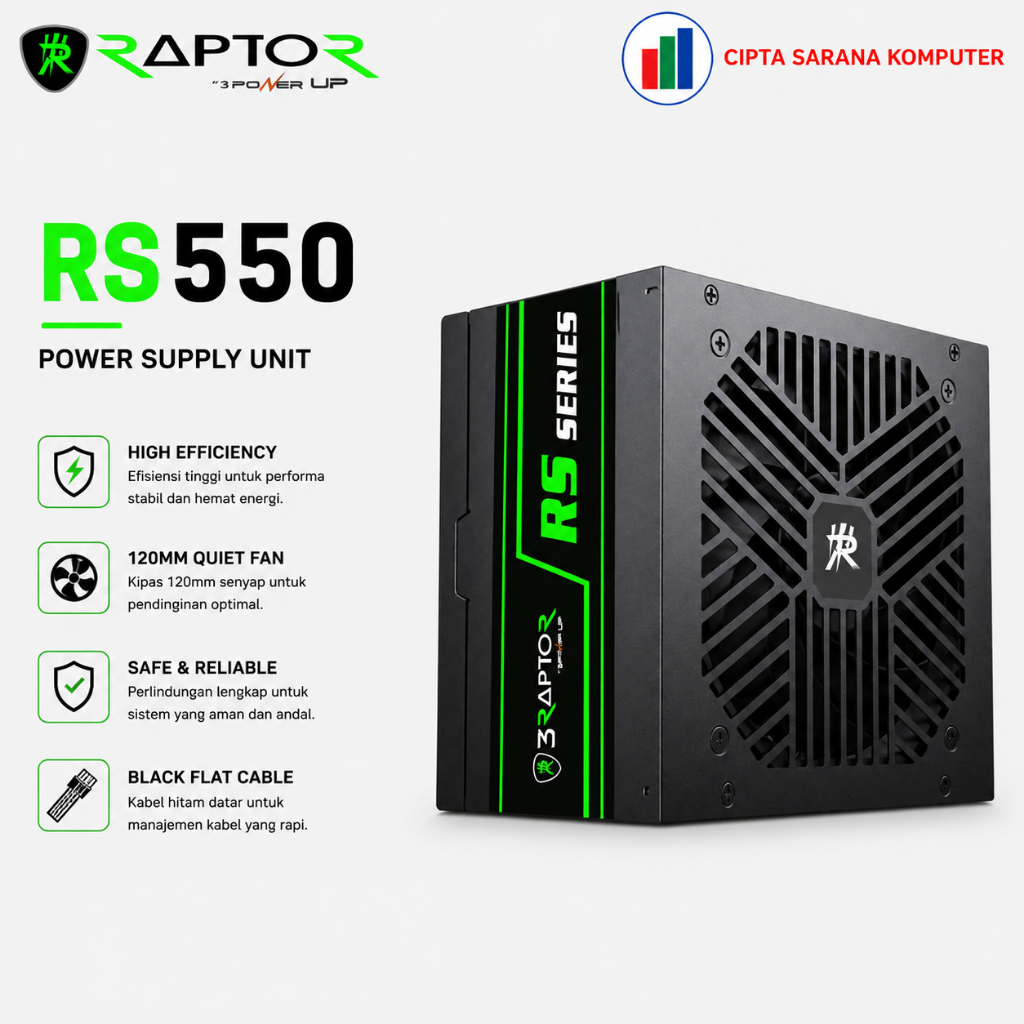 POWER SUPPLY PSU RAPTOR RS-550 - ATX DC | Non-Modular PSU Pure Power Supply Flat Cables