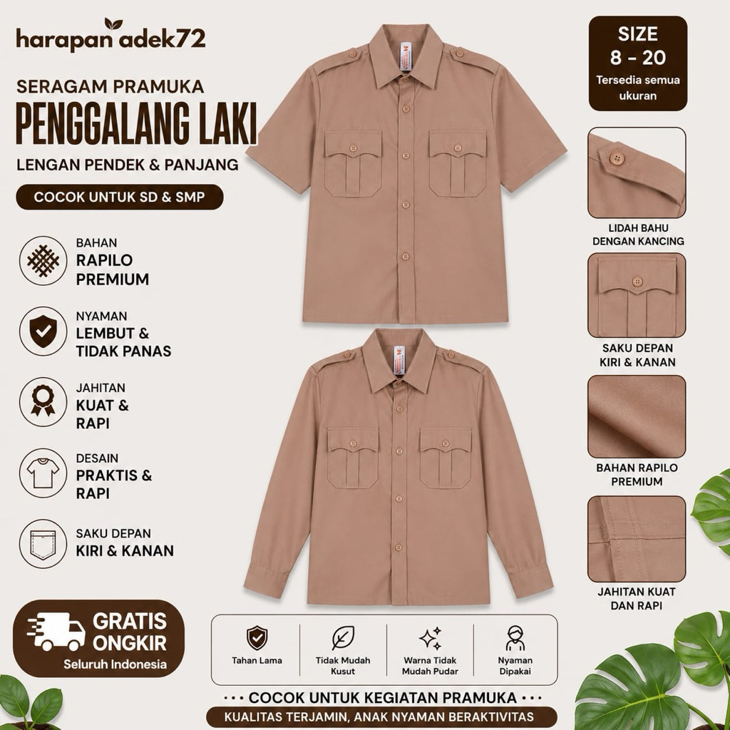 BAJU PRAMUKA PENGGALANG RAPILO COWO LENGAN PENDEK BAHAN RAPILO ~ HARAPAN ADEK