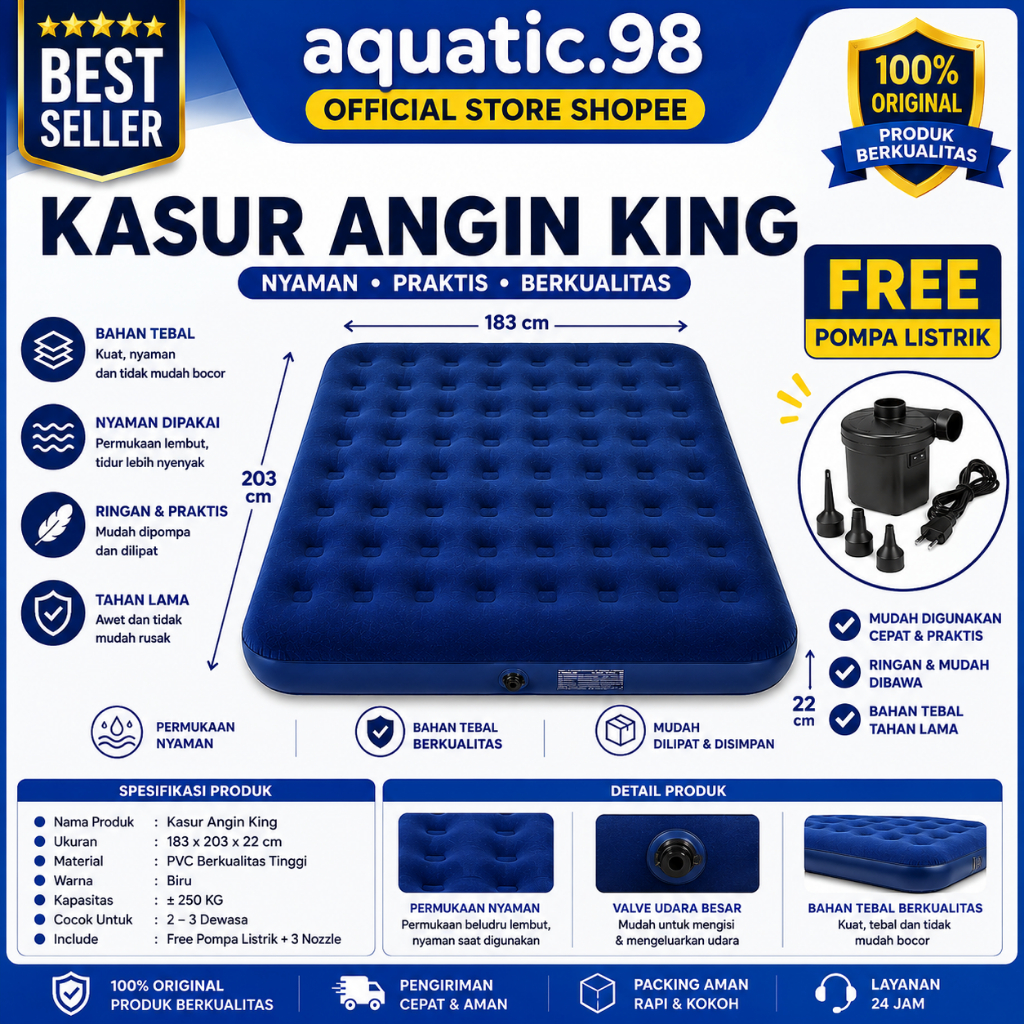 Kasur Angin Aquatic 24324 Kasur Angin King 203 x 183 x 22 cm Biru / Kasur Angin King kasur angin aqu