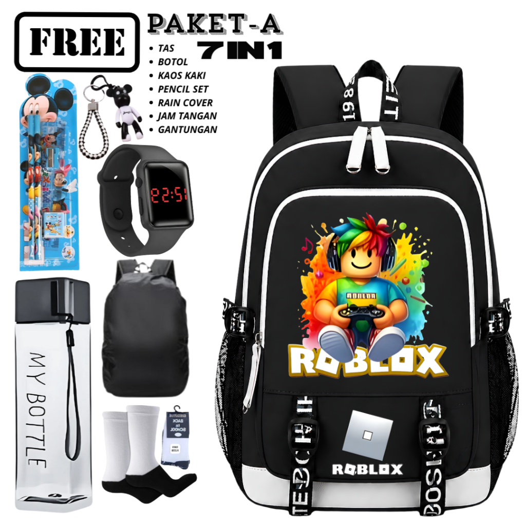 Tas Ransel Anak Sekolah Set 7in1 ROBLOX Premium Anti Air - Backpack Karakter Kartun Model Merah Puti