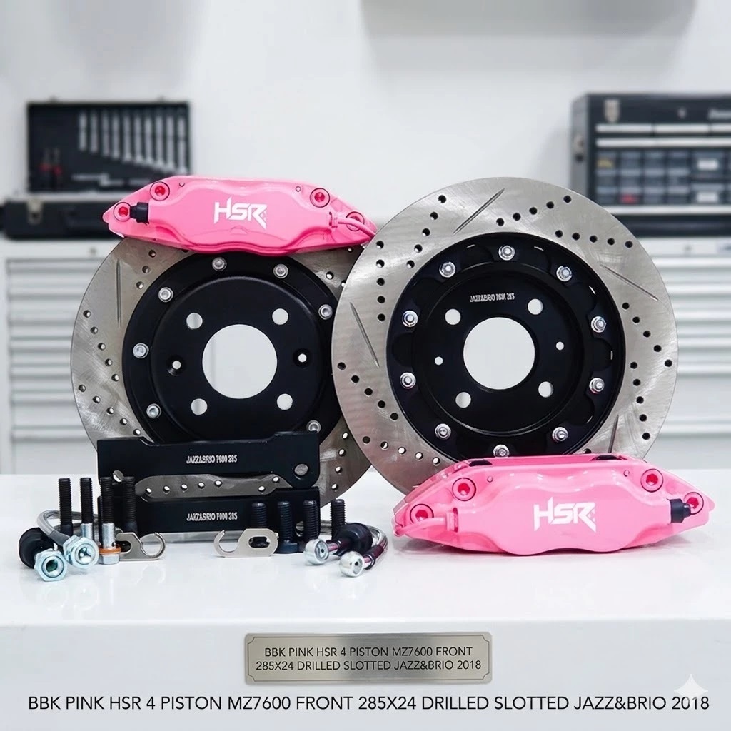 BBK PINK HSR 4 PISTON MZ7600 FRONT 285X24 DRILLED SLOTTED JAZZ&BRIO 2018 BBK BREMBO HSR TERBARU