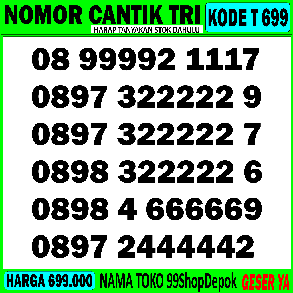 Nomor Cantik TRI 11 DIGIT - Nomor Cantik THREE 88888 99999 77777 Kartu Perdana 3 12 DIGIT 00000 6666