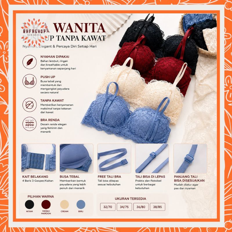 UNDR013 Bra Wanita Push Up Tanpa Kawat Busa Tebal Permanen Kait Belakang Bh Renda Beha