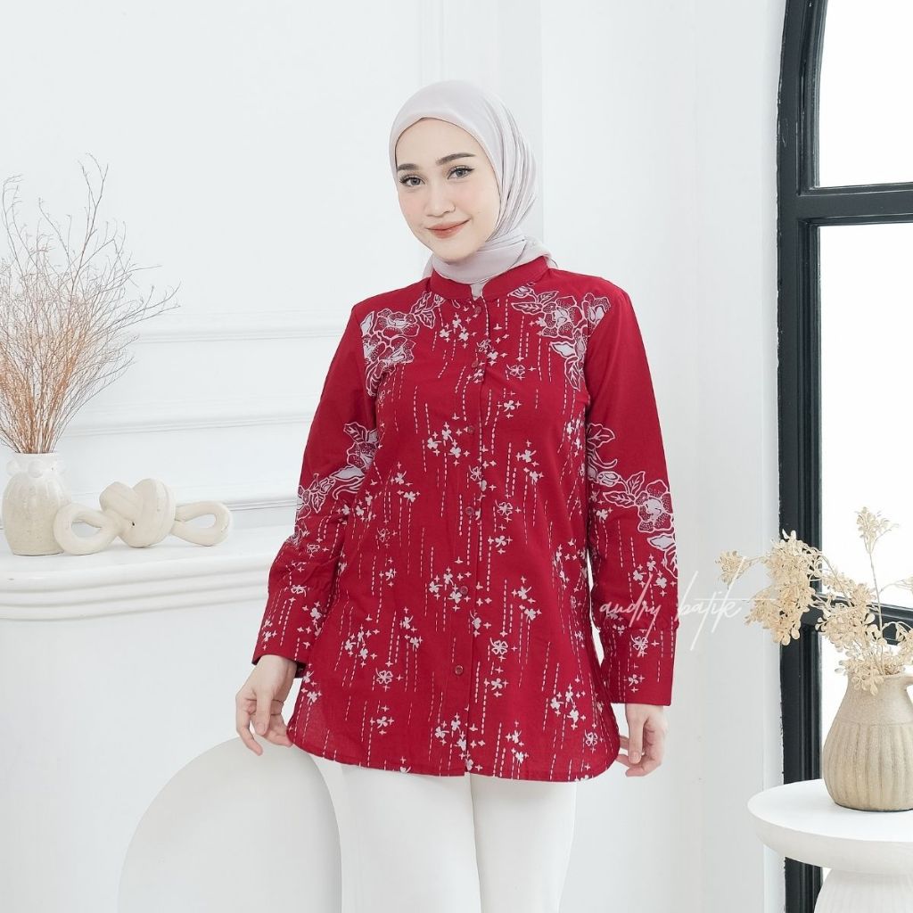 Audry Batik - Maheswari - Blouse Batik Kerja Wanita Hijab Modern Motif Batik Kawung Ungu Bata Merah