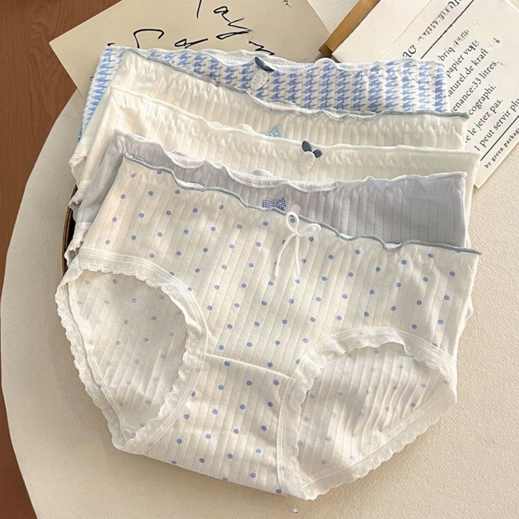 CD2147 CD Celana Dalam Motif Rabbit Lucu Biru Fashion Mid Waist Korea Jepang Wanita Cewek