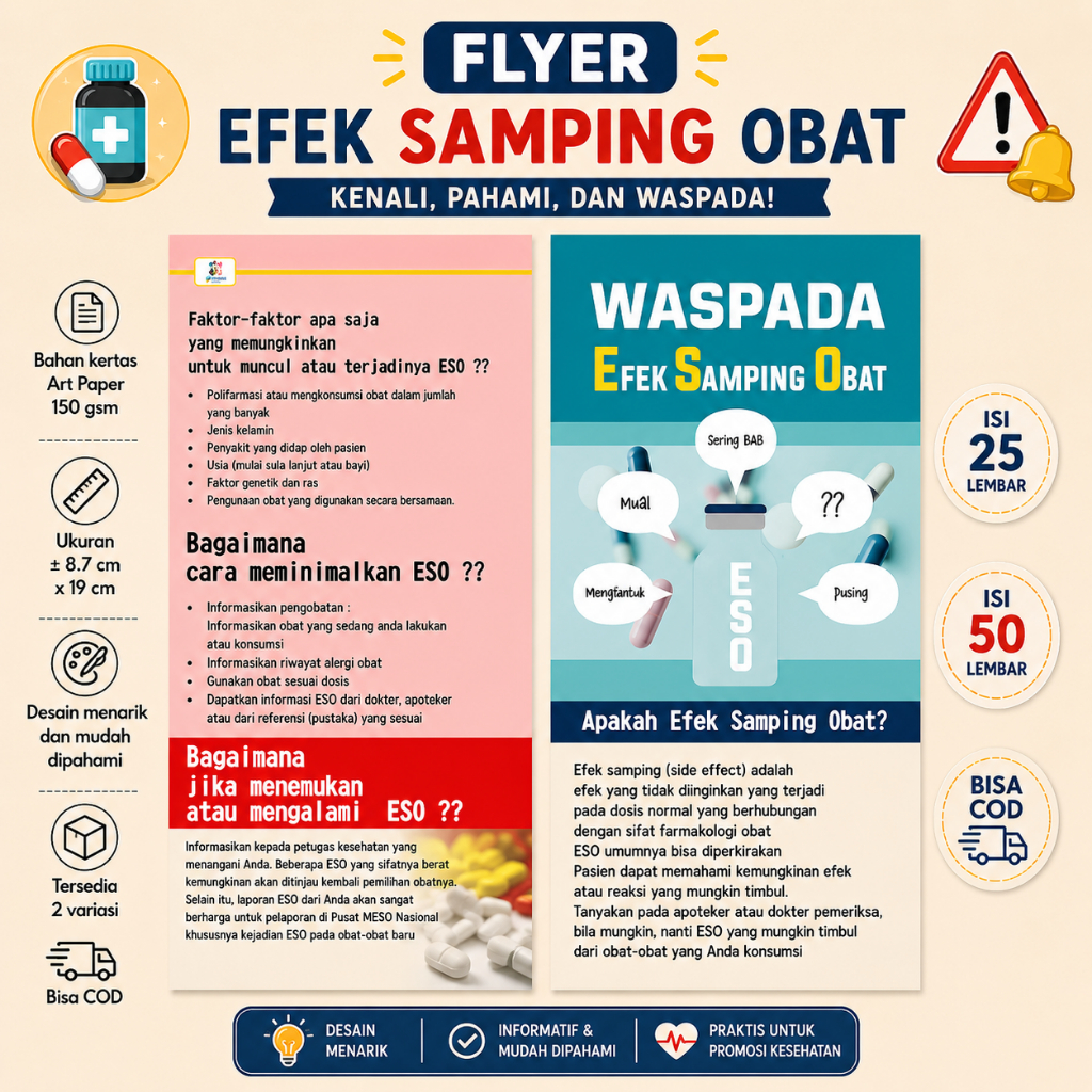 Flyer Waspada Efek Samping Obat, Brosur Farmasi, Flyer PIO Apotek, Flyer ESO
