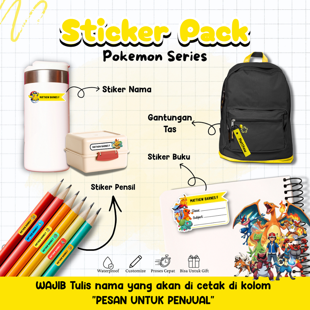 STICKER PACK STIKER LABEL NAMA ANAK BUKU WATERPROOF - POKEMON PIKACHU