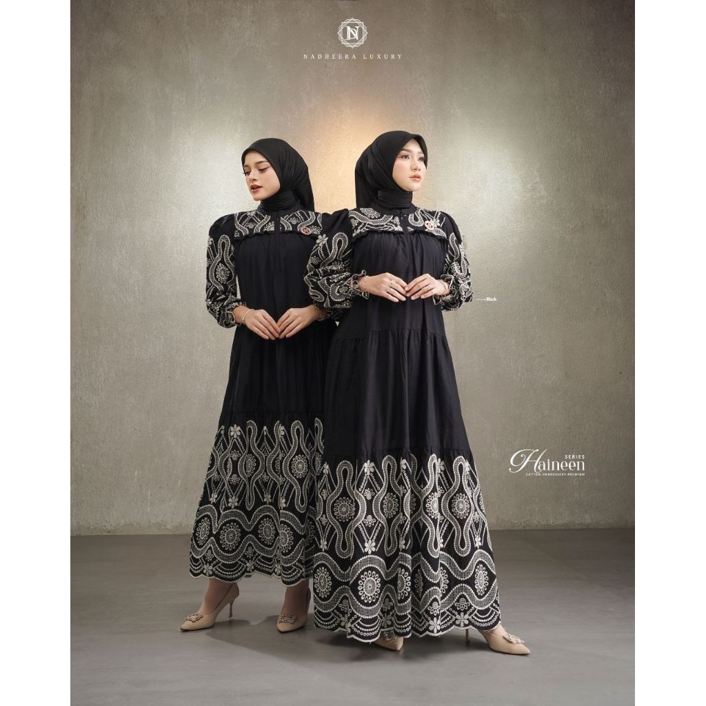 Haineen midi dress by nadheera Luxury promo midi dress gamis hitam putih bahan katun