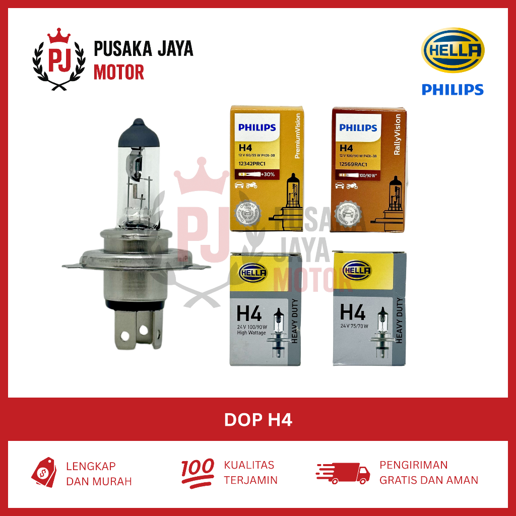 Lampu Dop H4 Philips Hella Original | Headlamp Lampu Depan Mobil | 12V 24V 60/55W 75/70W 100/90W
